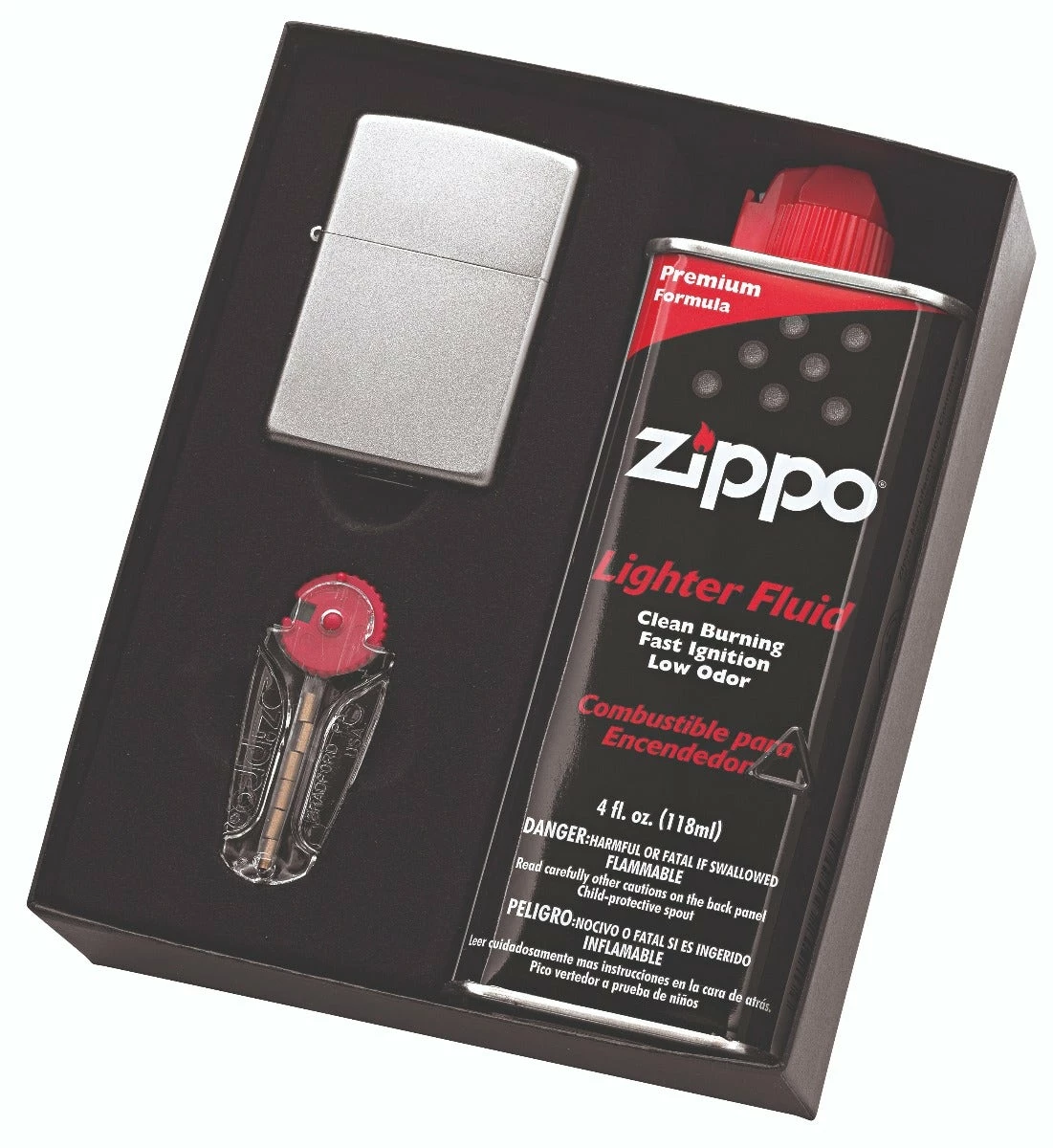 Zippo - Satin Lighter, Fluid & Flint Pack 3 Zippo - Satin Lighter, Fluid & Flint Pack