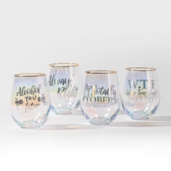 Refined Gifts Iridescent Stemless With Sayings Wine Glasses 4 Pack